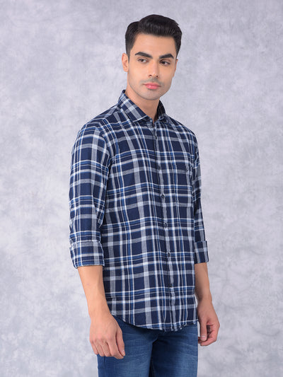 Navy Blue Checked 100% Cotton Shirt-Men Shirts-Crimsoune Club