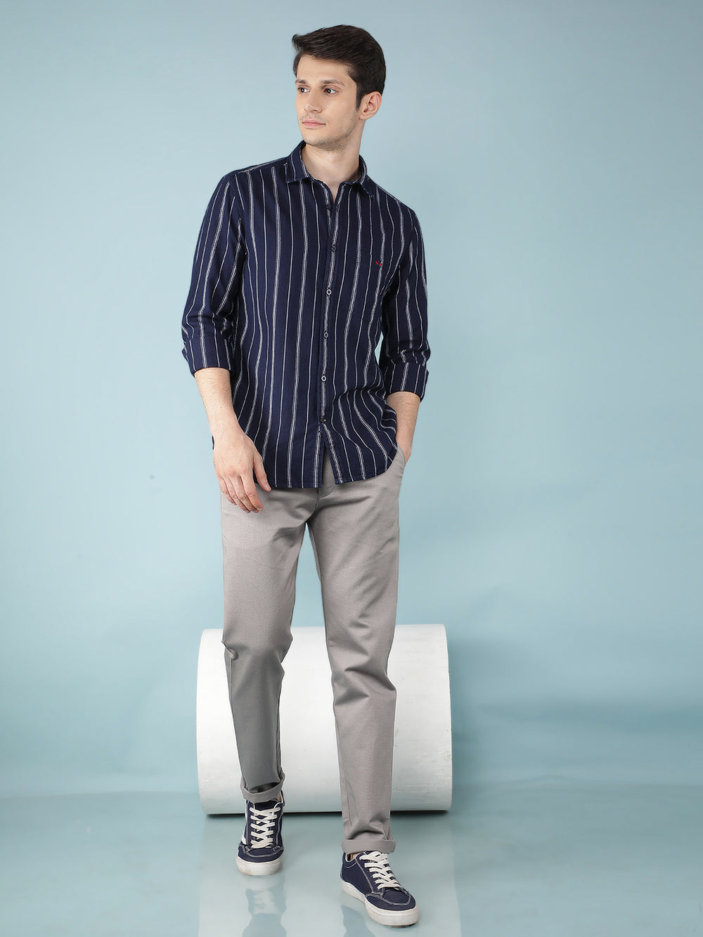 Navy Blue Vertical Stripes 100% Cotton Shirt-Men Shirts-Crimsoune Club