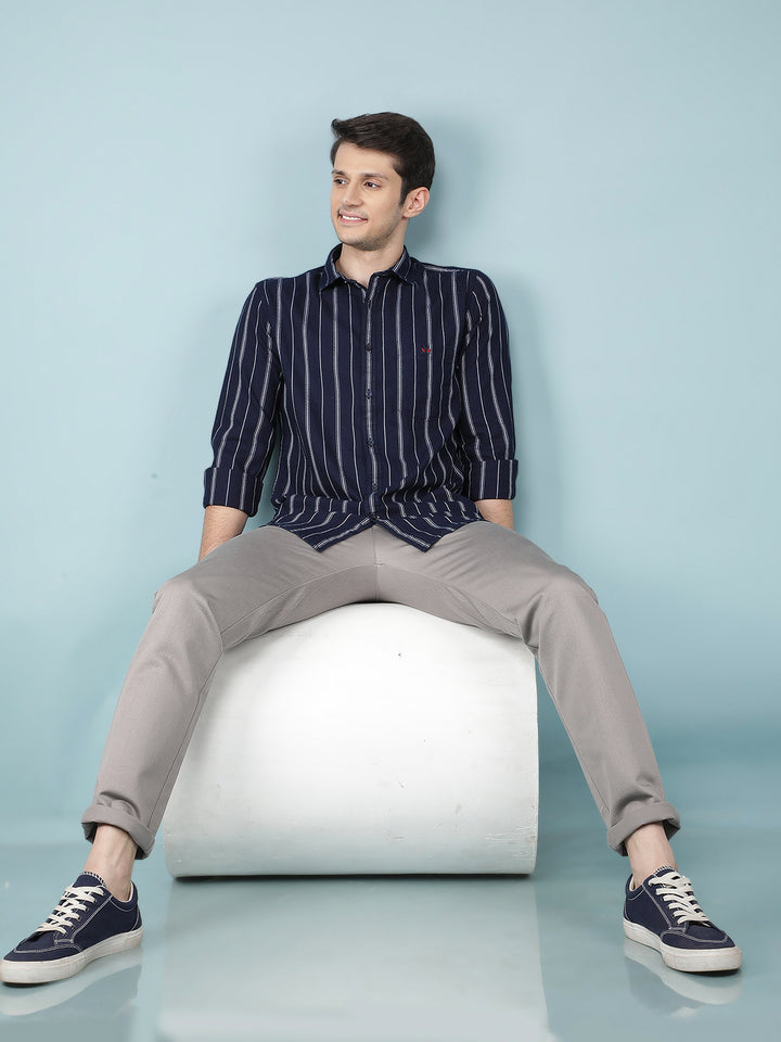 Navy Blue Vertical Stripes 100% Cotton Shirt-Men Shirts-Crimsoune Club