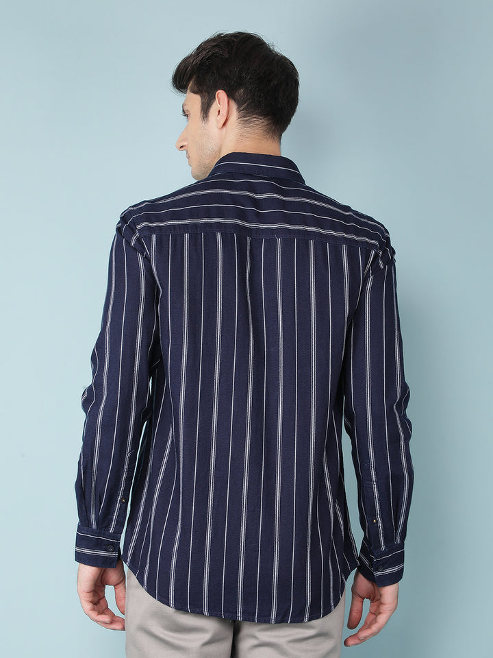 Navy Blue Vertical Stripes 100% Cotton Shirt-Men Shirts-Crimsoune Club