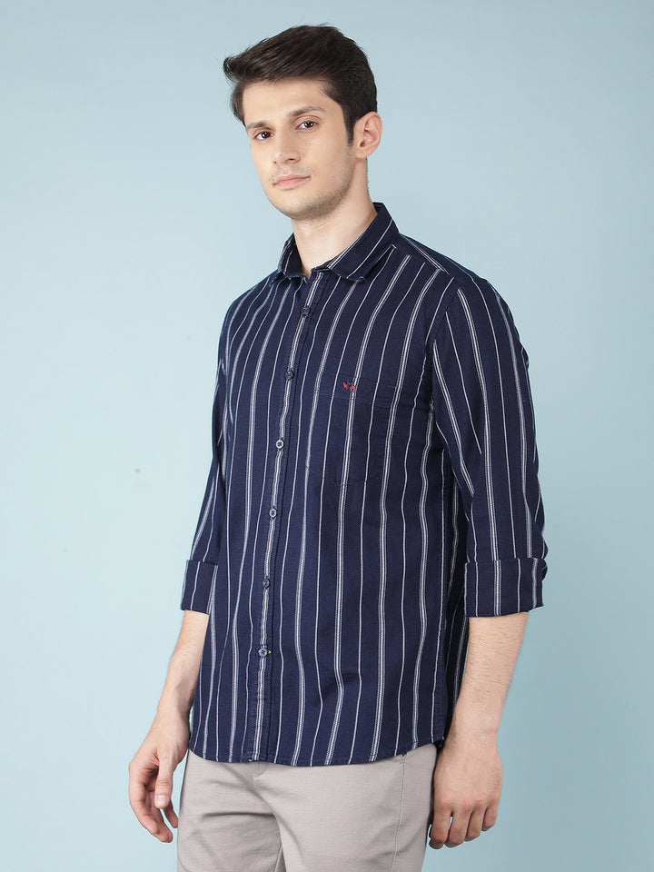 Navy Blue Vertical Stripes 100% Cotton Shirt-Men Shirts-Crimsoune Club