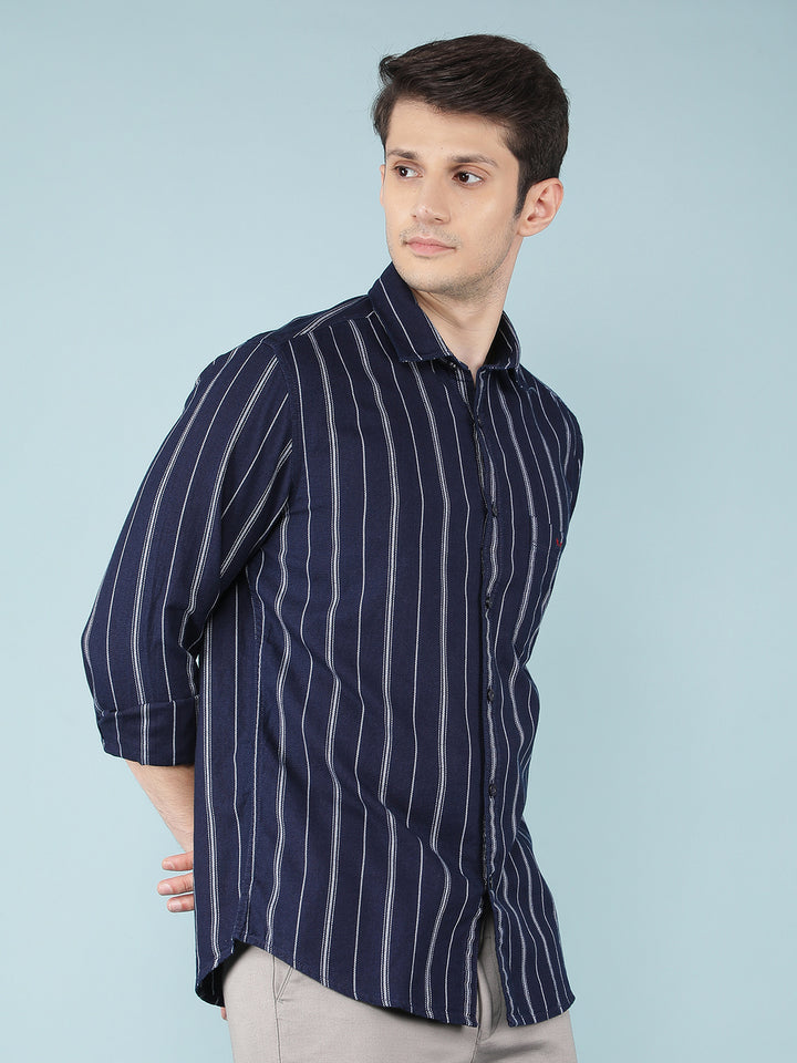 Navy Blue Vertical Stripes 100% Cotton Shirt-Men Shirts-Crimsoune Club