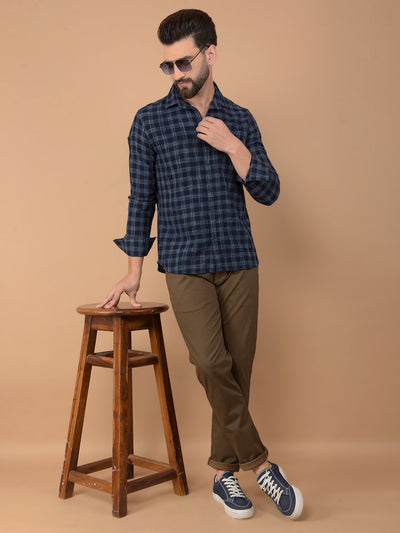 Navy Blue Checked 100% Cotton Shirt-Men Shirts-Crimsoune Club