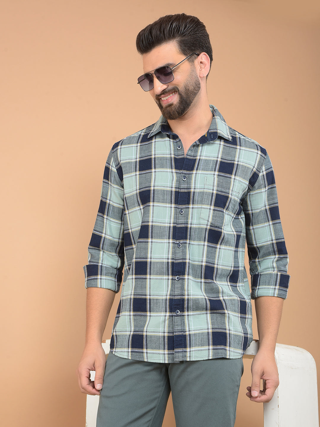 Green Checked 100% Cotton Shirt-Men Shirts-Crimsoune Club