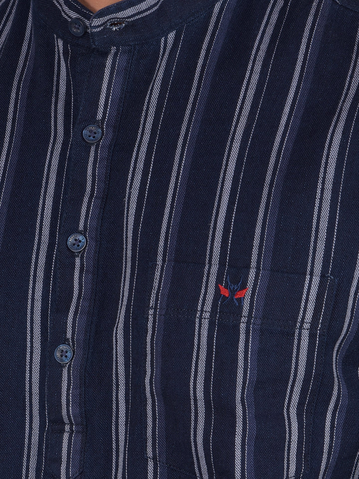 Navy Blue Vertical Stripes 100% Cotton Kurta-Men Kurtas-Crimsoune Club