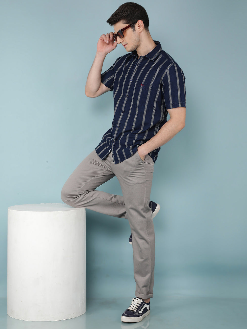 Navy Blue Vertical Stripes 100% Cotton Shirt-Men Shirts-Crimsoune Club