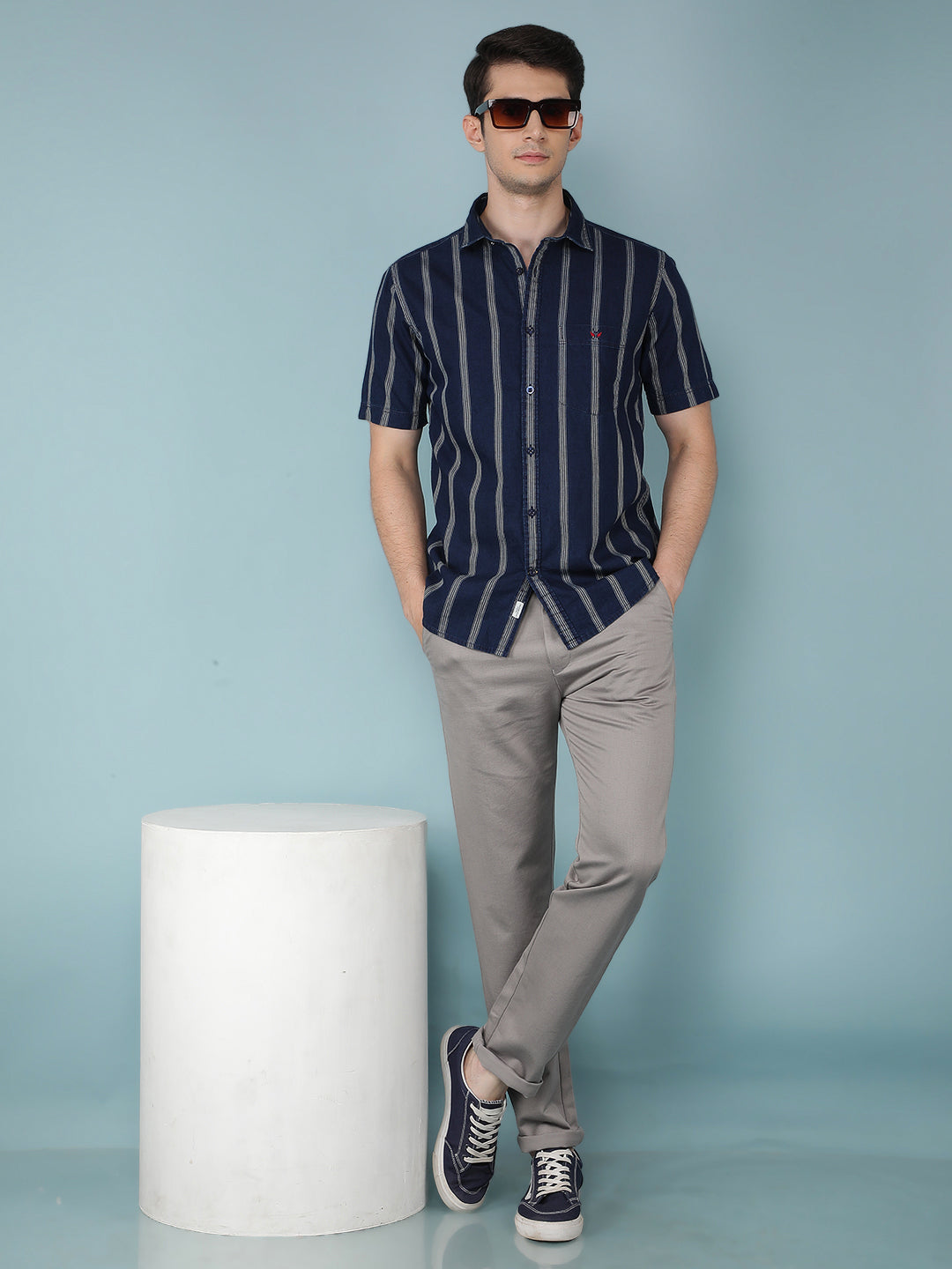 Navy Blue Vertical Stripes 100% Cotton Shirt-Men Shirts-Crimsoune Club