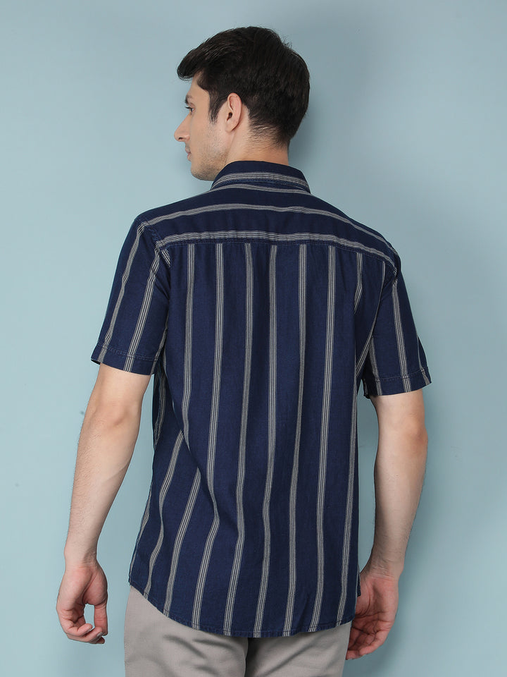 Navy Blue Vertical Stripes 100% Cotton Shirt-Men Shirts-Crimsoune Club