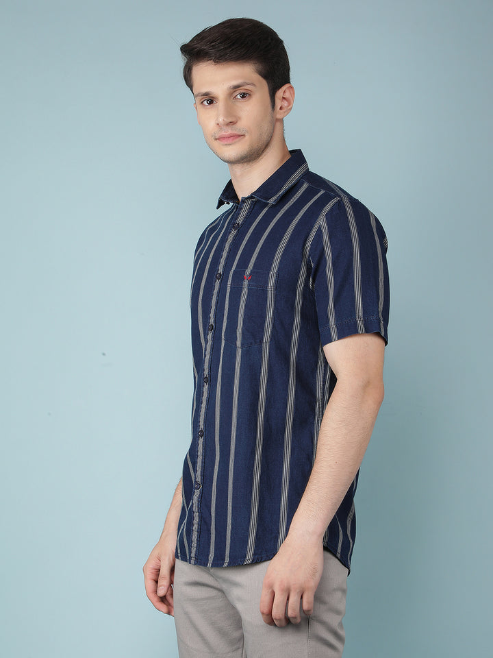 Navy Blue Vertical Stripes 100% Cotton Shirt-Men Shirts-Crimsoune Club