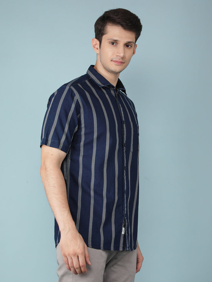 Navy Blue Vertical Stripes 100% Cotton Shirt-Men Shirts-Crimsoune Club