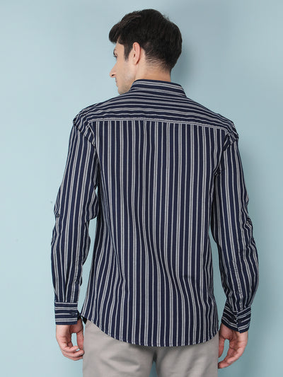 Navy Blue Vertical Stripes 100% Cotton Kurta-Men Kurtas-Crimsoune Club