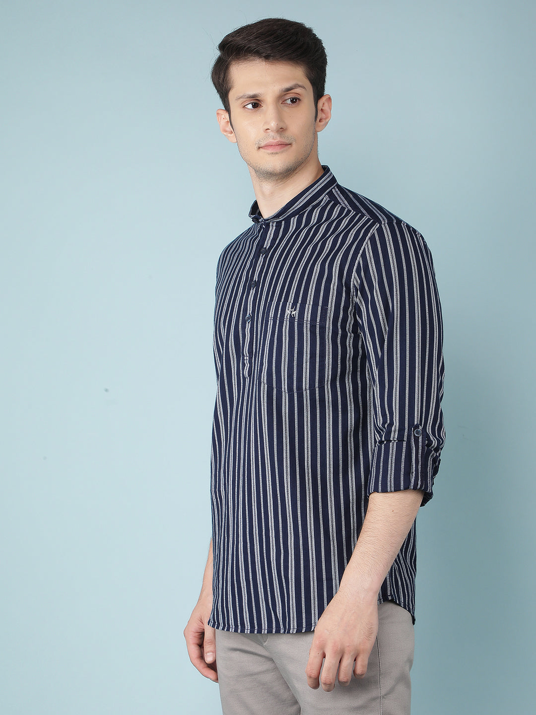 Navy Blue Vertical Stripes 100% Cotton Kurta-Men Kurtas-Crimsoune Club