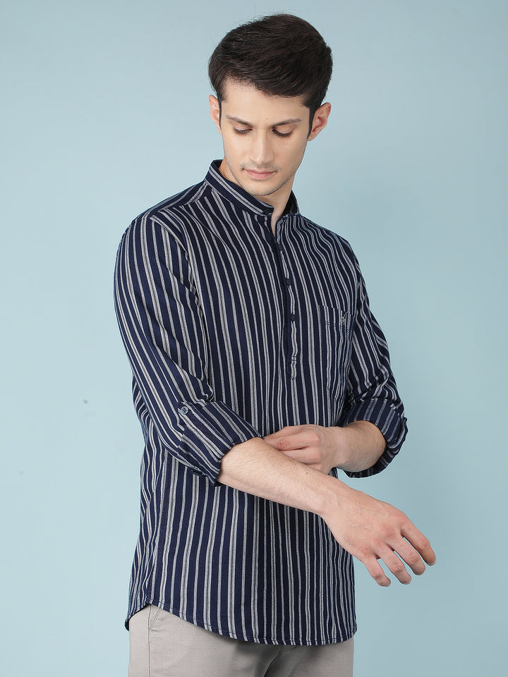 Navy Blue Vertical Stripes 100% Cotton Kurta-Men Kurtas-Crimsoune Club