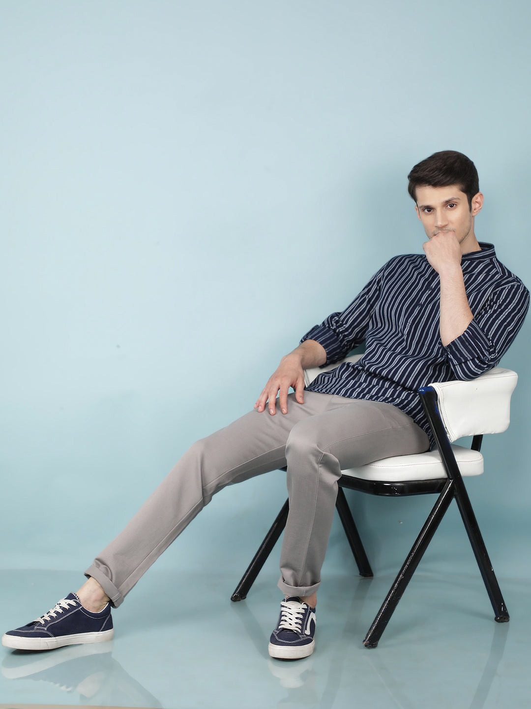 Navy Blue Vertical Stripes 100% Cotton Kurta-Men Kurtas-Crimsoune Club