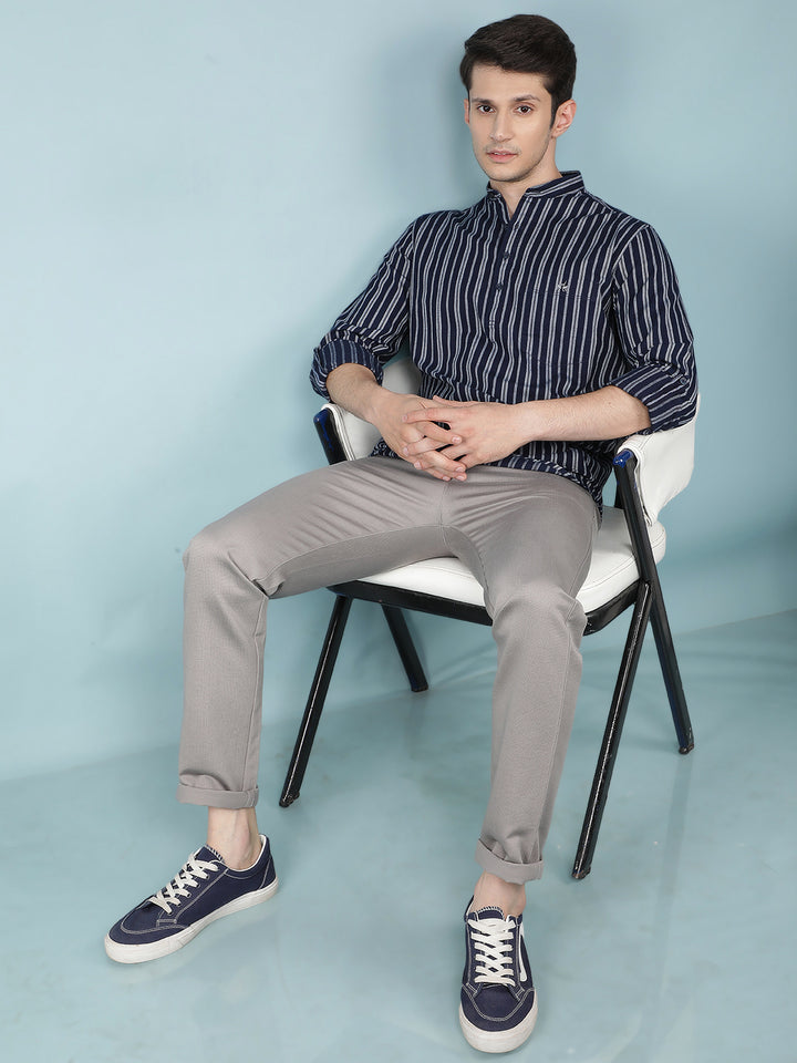 Navy Blue Vertical Stripes 100% Cotton Kurta-Men Kurtas-Crimsoune Club