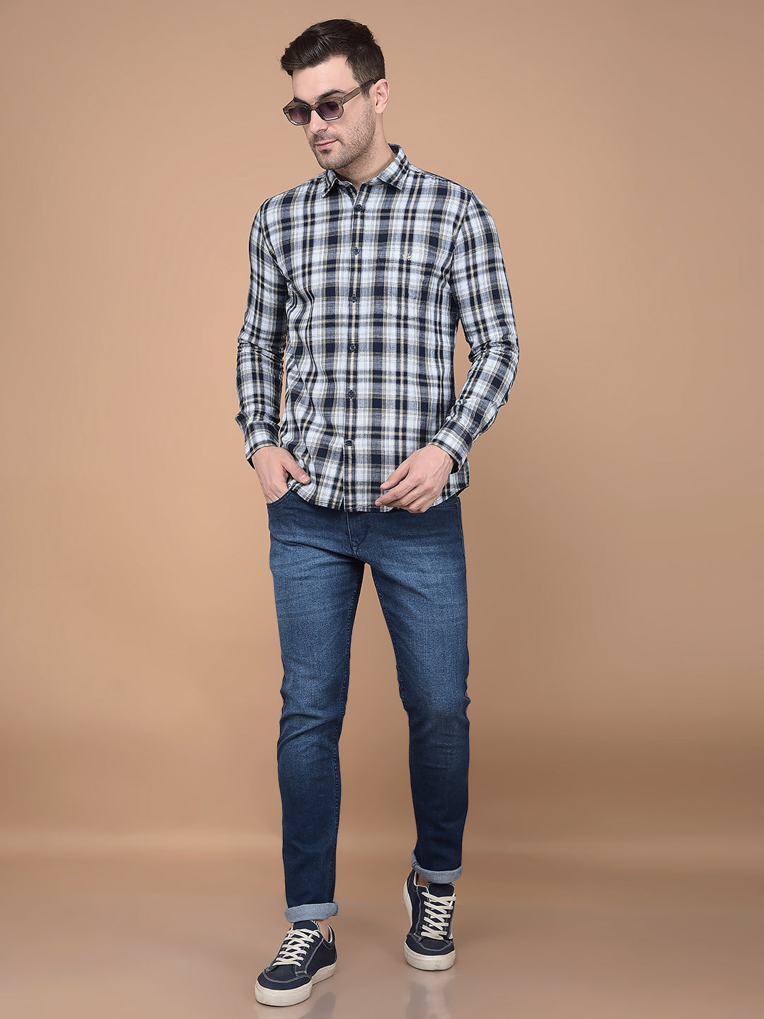 Beige Checked 100% Cotton Shirt-Men Shirts-Crimsoune Club