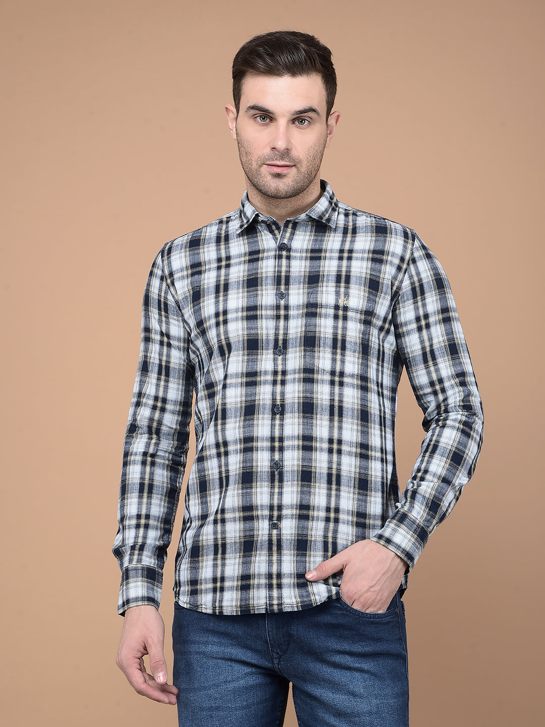 Beige Checked 100% Cotton Shirt-Men Shirts-Crimsoune Club