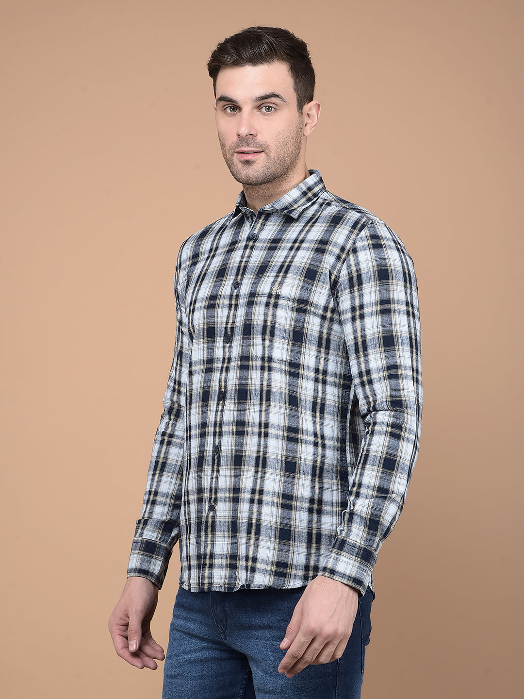 Beige Checked 100% Cotton Shirt-Men Shirts-Crimsoune Club