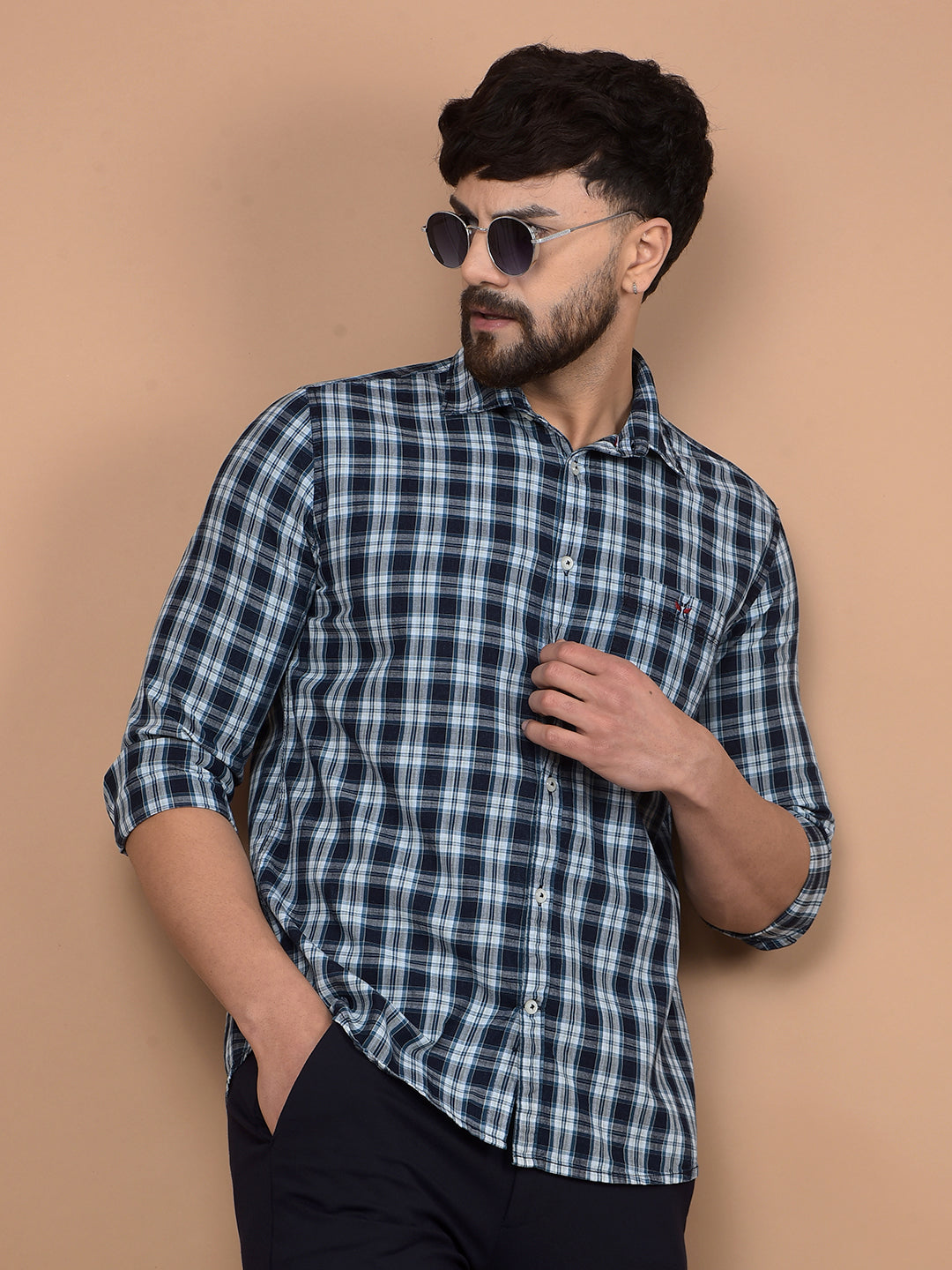 Blue Checked 100% Cotton Shirt-Men Shirts-Crimsoune Club