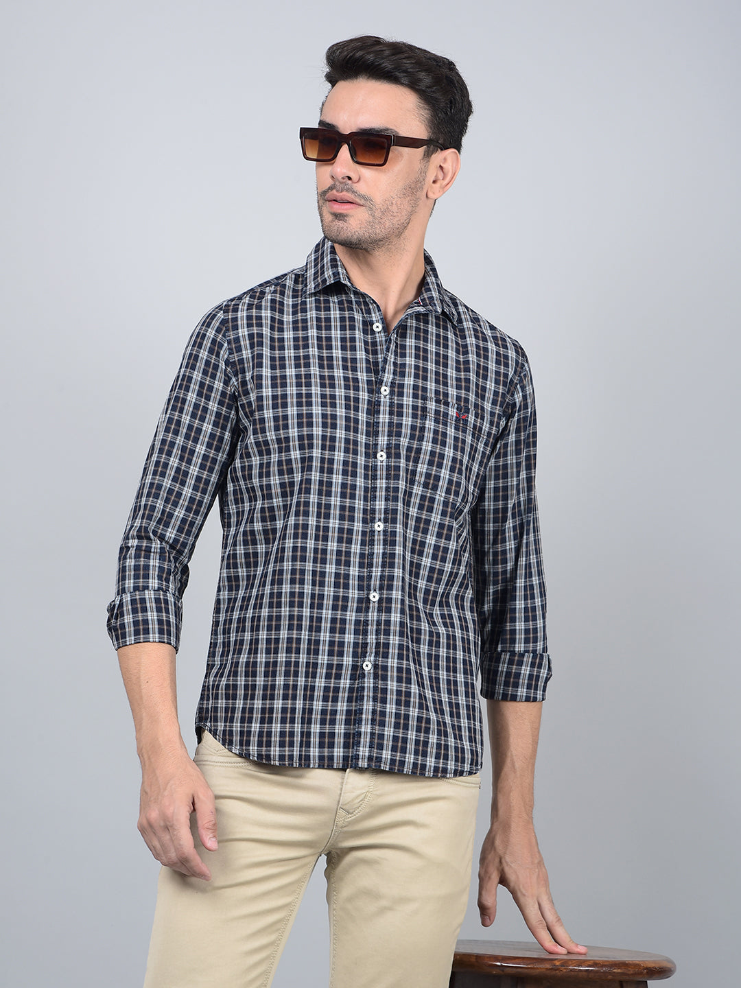 Blue Checked 100% Cotton Shirt-Men Shirts-Crimsoune Club