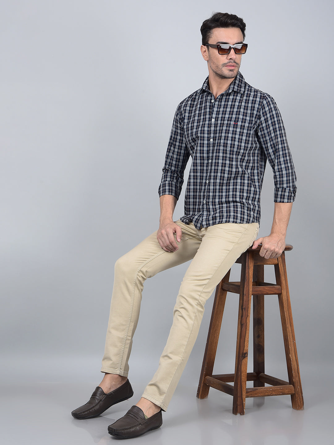 Blue Checked 100% Cotton Shirt-Men Shirts-Crimsoune Club