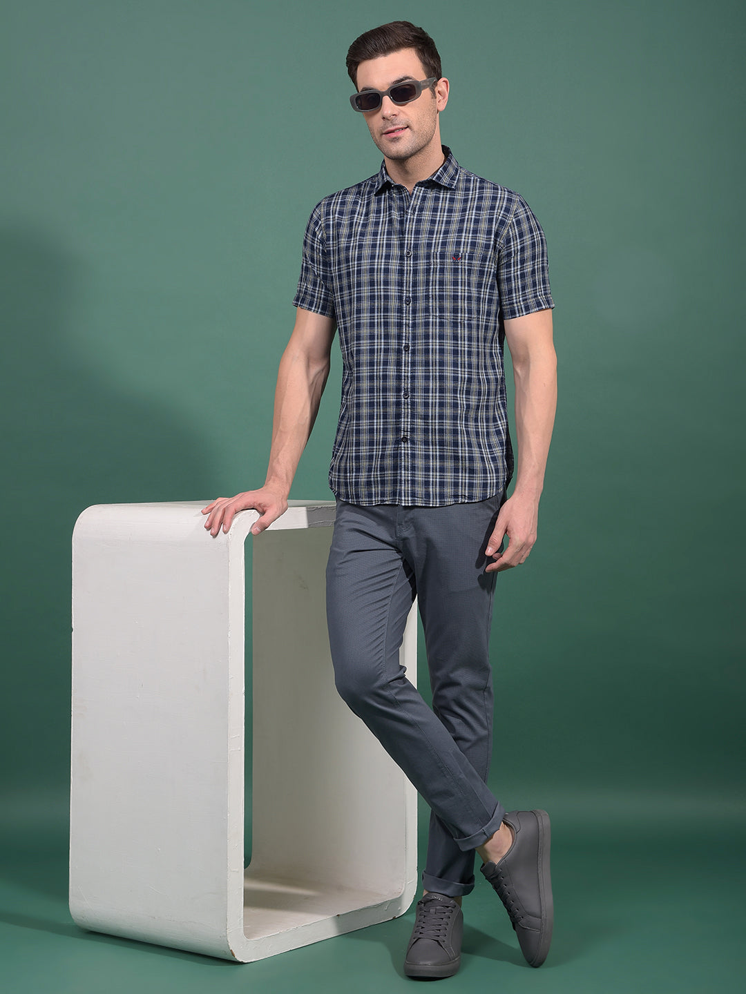Olive Checked 100% Cotton Shirt-Men Shirts-Crimsoune Club