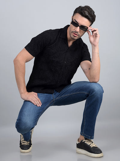 Black Embroidered 100% Cotton Cuban Collar Shirt-Men Shirts-Crimsoune Club