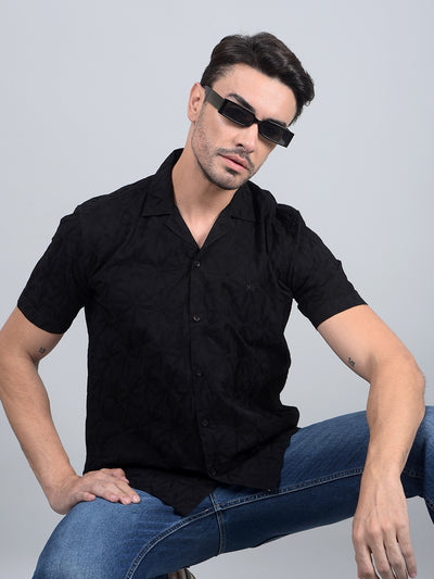 Black Embroidered 100% Cotton Cuban Collar Shirt-Men Shirts-Crimsoune Club