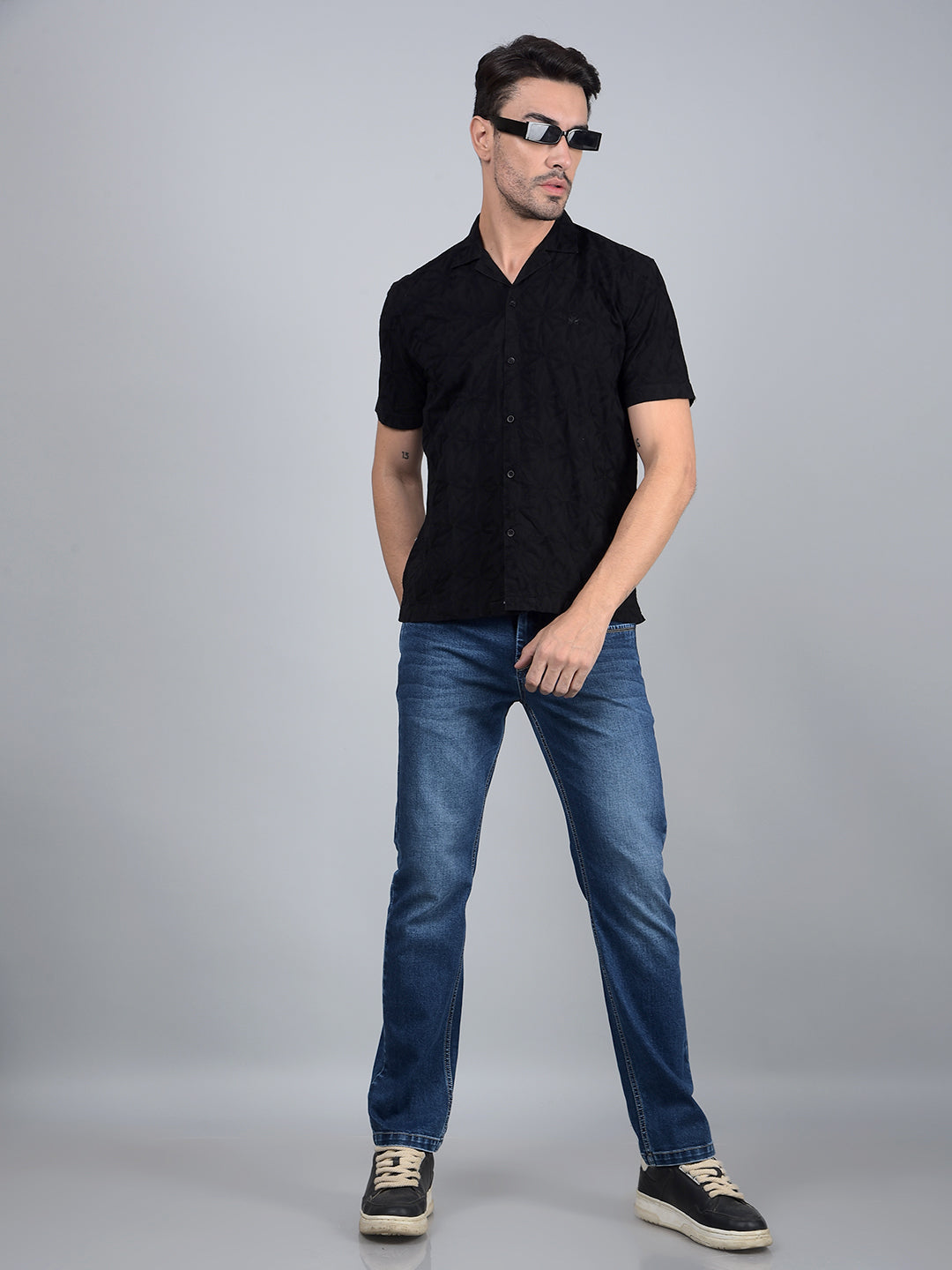 Black Embroidered 100% Cotton Cuban Collar Shirt-Men Shirts-Crimsoune Club
