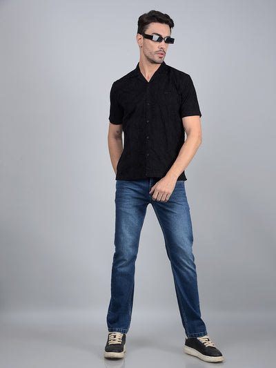Black Embroidered 100% Cotton Cuban Collar Shirt-Men Shirts-Crimsoune Club