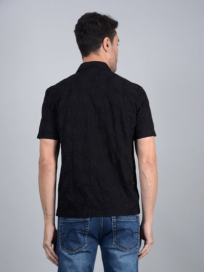 Black Embroidered 100% Cotton Cuban Collar Shirt-Men Shirts-Crimsoune Club