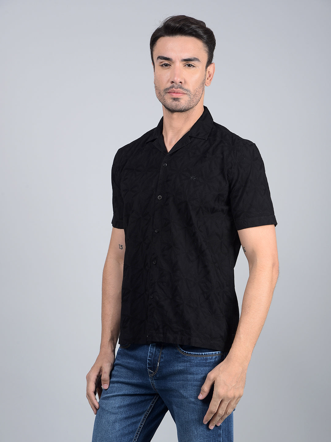 Black Embroidered 100% Cotton Cuban Collar Shirt-Men Shirts-Crimsoune Club