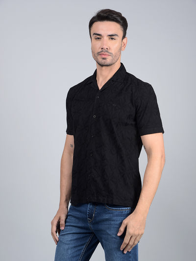 Black Embroidered 100% Cotton Cuban Collar Shirt-Men Shirts-Crimsoune Club