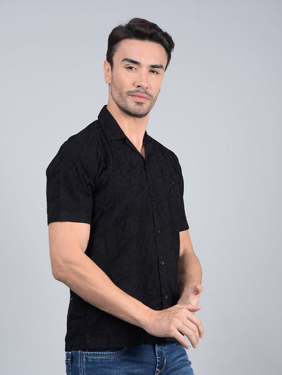 Black Embroidered 100% Cotton Cuban Collar Shirt-Men Shirts-Crimsoune Club