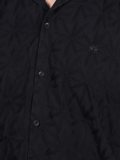 Black Embroidered 100% Cotton Cuban Collar Shirt-Men Shirts-Crimsoune Club