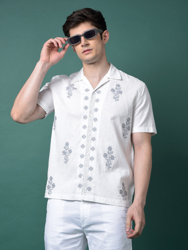 White Embroidered Resort Collar Linen Shirt-Men Shirts-Crimsoune Club
