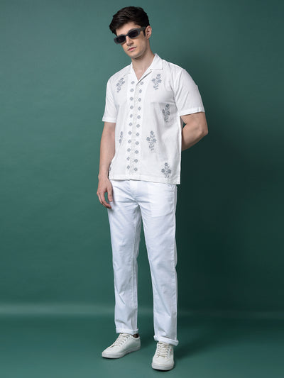 White Embroidered Resort Collar Linen Shirt-Men Shirts-Crimsoune Club