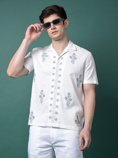 White Embroidered Resort Collar Linen Shirt-Men Shirts-Crimsoune Club