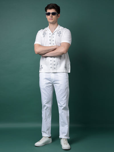 White Embroidered Resort Collar Linen Shirt-Men Shirts-Crimsoune Club