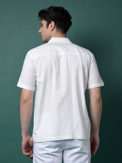 White Embroidered Resort Collar Linen Shirt-Men Shirts-Crimsoune Club