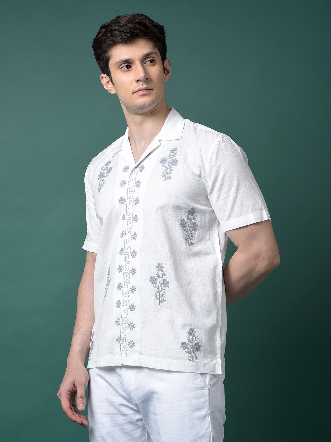 White Embroidered Resort Collar Linen Shirt-Men Shirts-Crimsoune Club