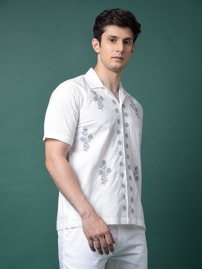 White Embroidered Resort Collar Linen Shirt-Men Shirts-Crimsoune Club