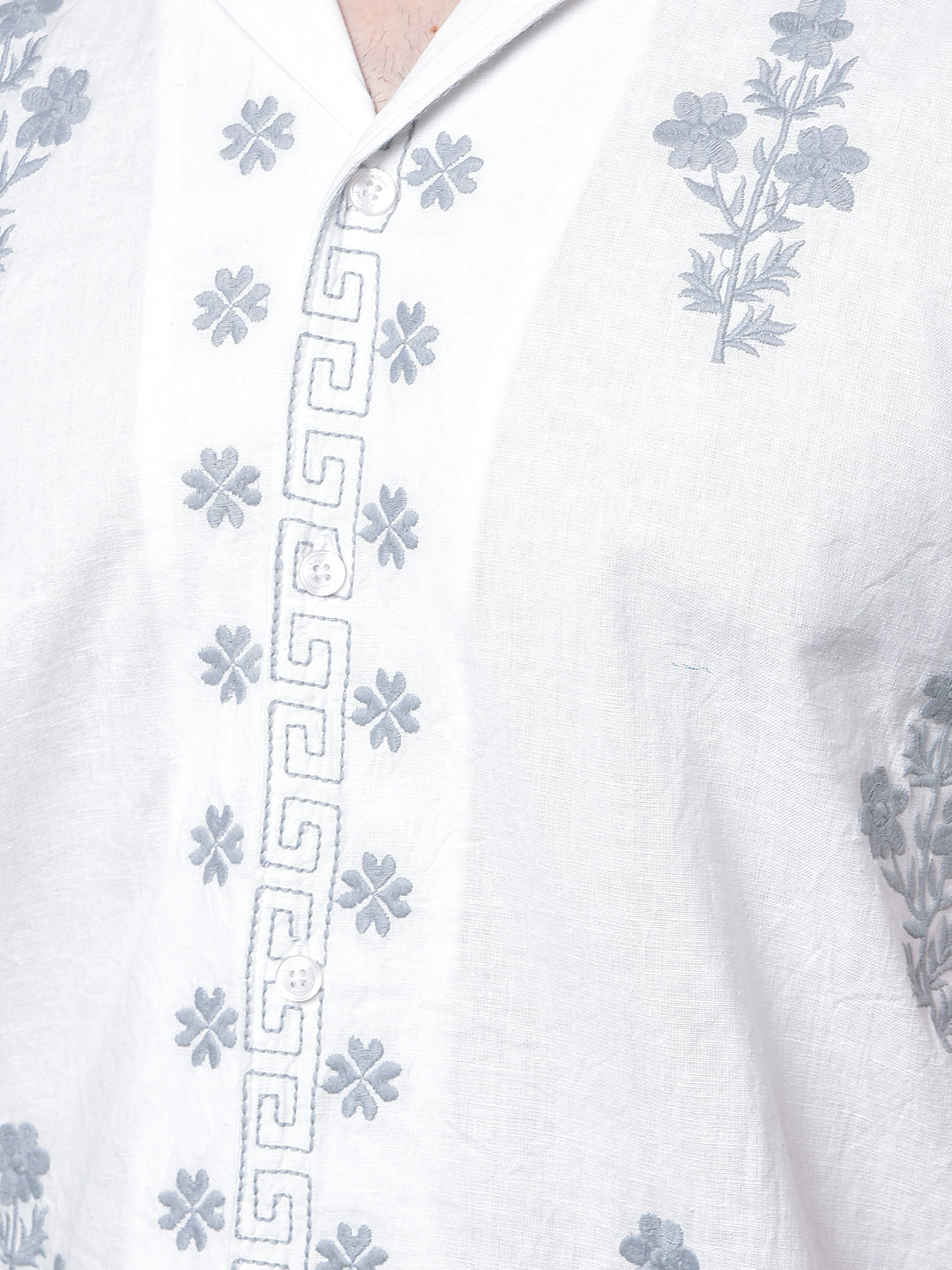 White Embroidered Resort Collar Linen Shirt-Men Shirts-Crimsoune Club