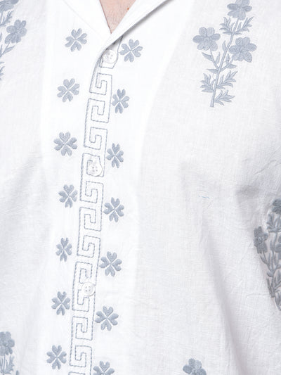 White Embroidered Resort Collar Linen Shirt-Men Shirts-Crimsoune Club