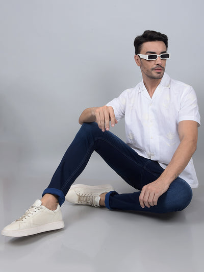 White Embroidered Cuban Collar Linen Shirt-Men Shirts-Crimsoune Club