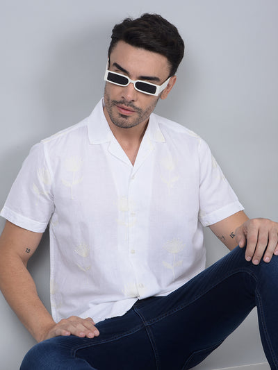 White Embroidered Cuban Collar Linen Shirt-Men Shirts-Crimsoune Club