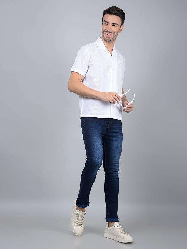 White Embroidered Cuban Collar Linen Shirt-Men Shirts-Crimsoune Club
