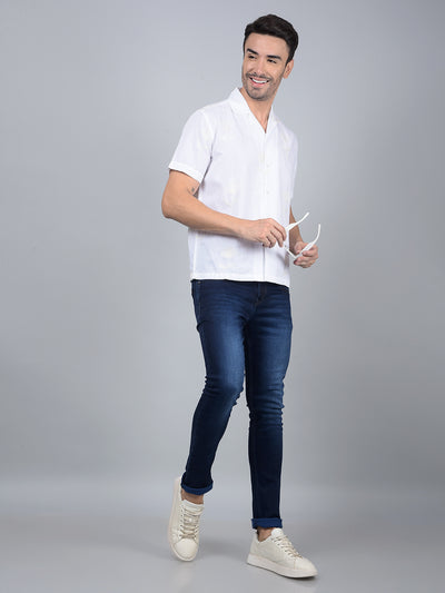 White Embroidered Cuban Collar Linen Shirt-Men Shirts-Crimsoune Club