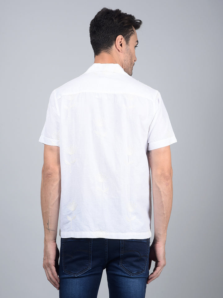 White Embroidered Cuban Collar Linen Shirt-Men Shirts-Crimsoune Club