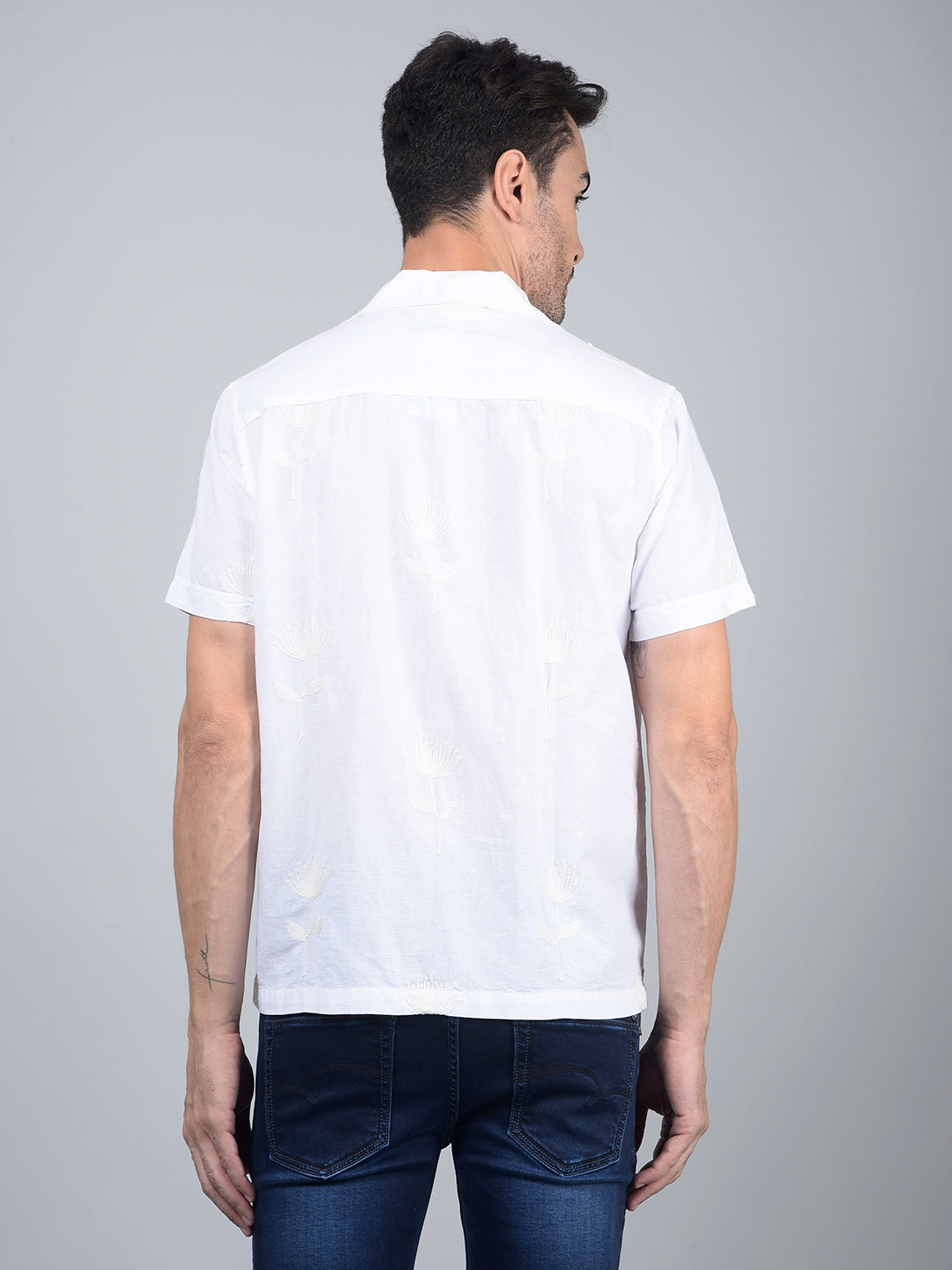 White Embroidered Cuban Collar Linen Shirt-Men Shirts-Crimsoune Club